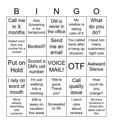 Cold Call Bingo Card