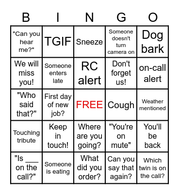 Virtual Farewell Party Bingo Card