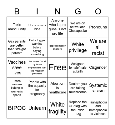 Logan’s woke vacation Bingo Card