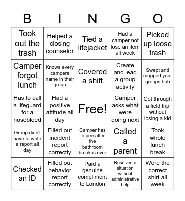 Summer Camp 2022 Bingo Card