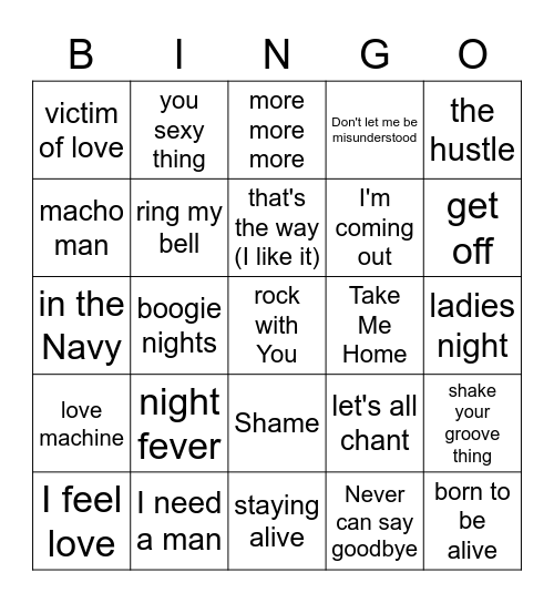 Music Bingo DISCO Bingo Card