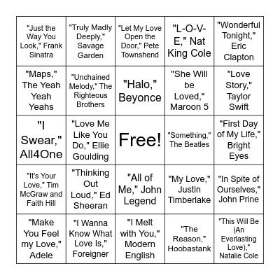 Love Songs Bingo Card