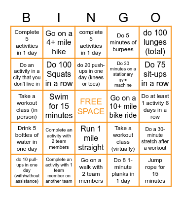 CLOUD COACH FITNESS CHALLENGE BINGO Card