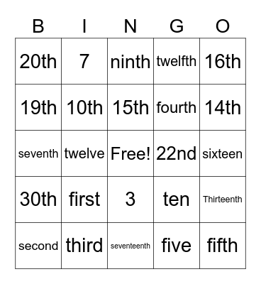 CARDINAL and ORDINAL NUMBERS Bingo Card