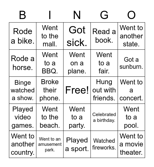 Summer Break Bingo Card
