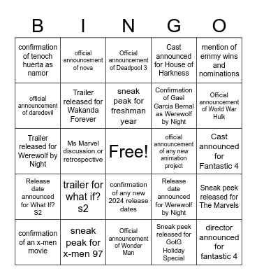 SDCC Marvel bingo card Bingo Card