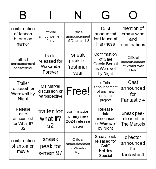 SDCC Marvel bingo card Bingo Card