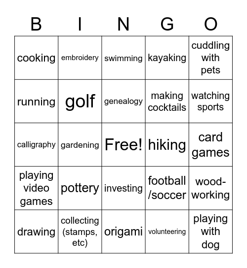 Hobbies Bingo! Bingo Card