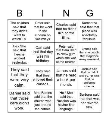 Reported Speech Bingo Card