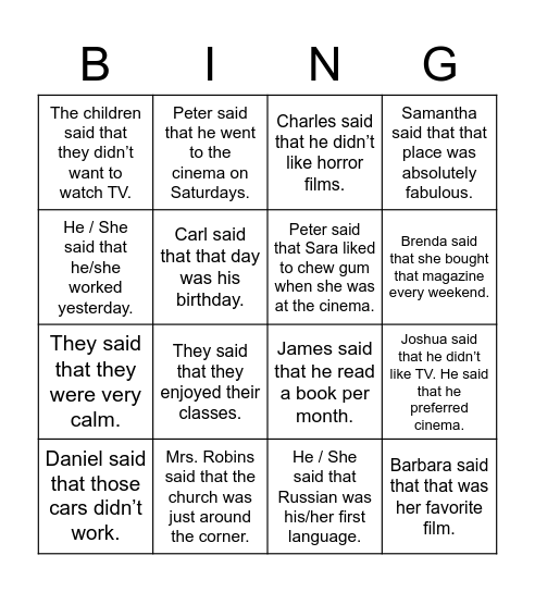 Reported Speech Bingo Card