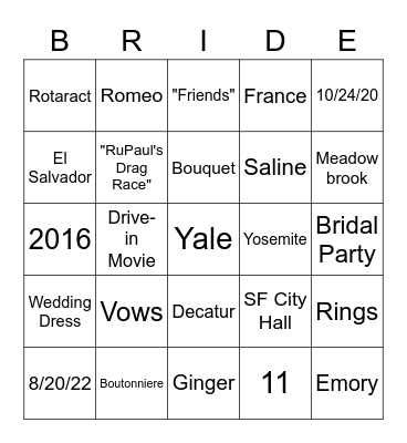 Kelly and Savannah's Bridal Bingo! Bingo Card