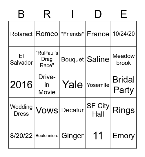 Kelly and Savannah's Bridal Bingo! Bingo Card
