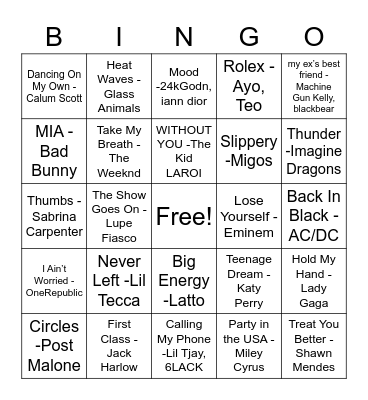 Song Bingo Card