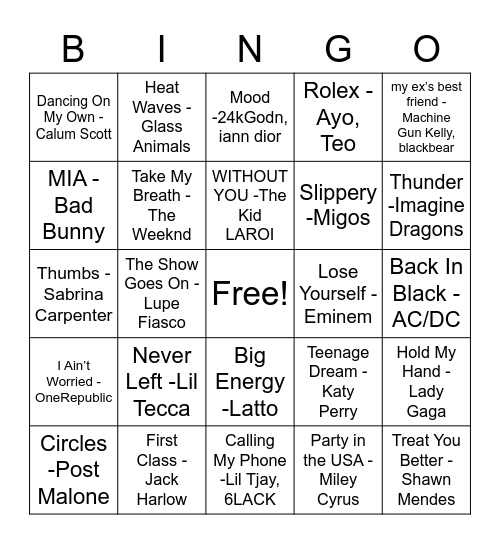 Song Bingo Card