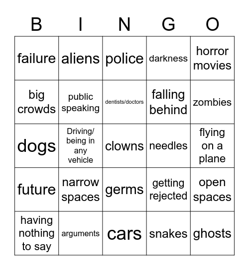 Fears Bingo Card