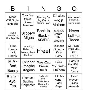 Song Bingo Card