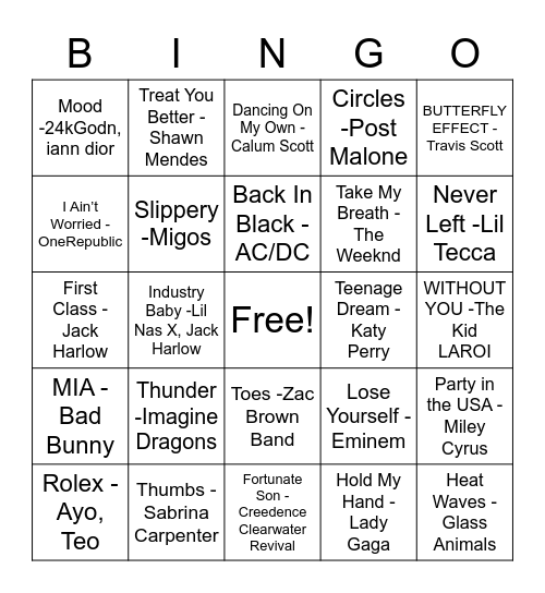 Song Bingo Card