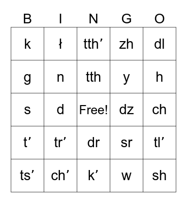 Hän Consonants Bingo Card