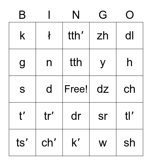 Hän Consonants Bingo Card