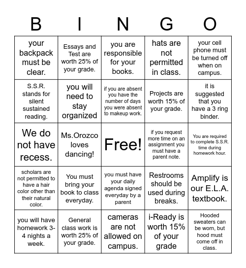 ELA Syllabus Bingo Card