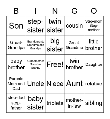 English Family Words Bingo Card