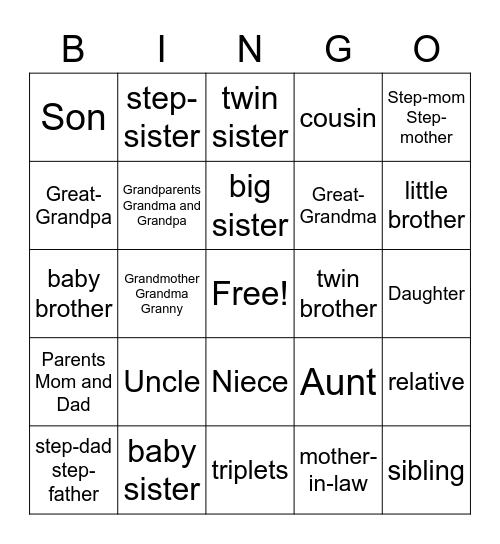 English Family Words Bingo Card