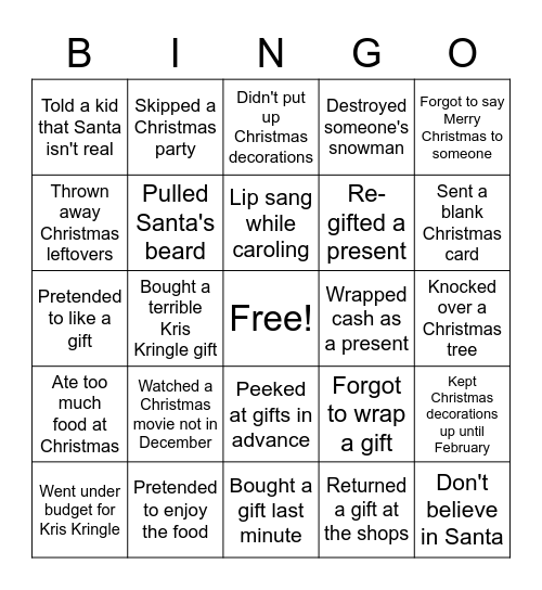 Santa's Naughty List Bingo Card