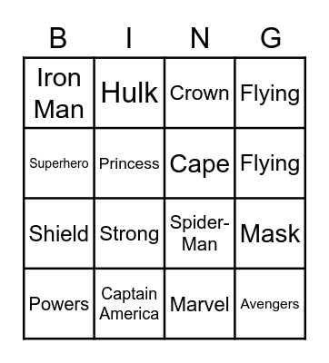 Superhero and Princesses Bingo Card