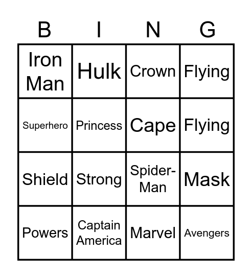 Superhero and Princesses Bingo Card