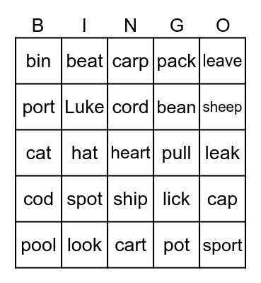 Long and short vowels Bingo Card