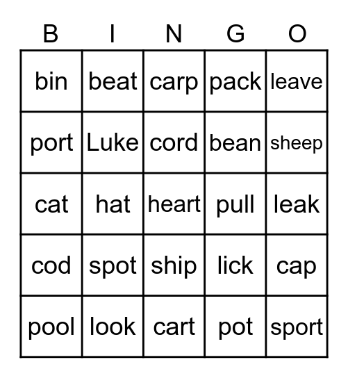 Long and short vowels Bingo Card