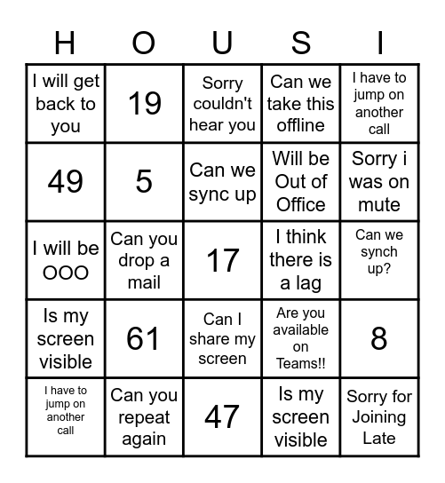Number Bingo 1-15 Bingo Card