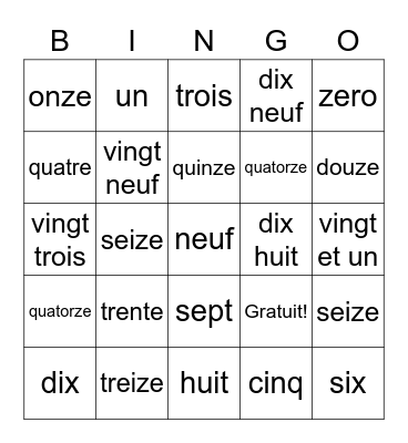 French numbers 1-30 Bingo Card
