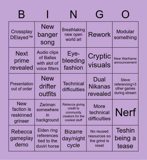 Tennocon 2022 Bingo Card