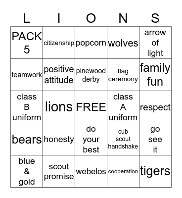 LIONS Bingo Card