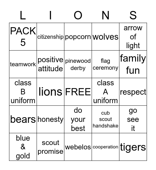 LIONS Bingo Card