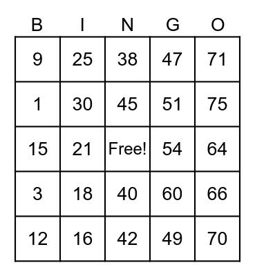 B I N G O Bingo Card