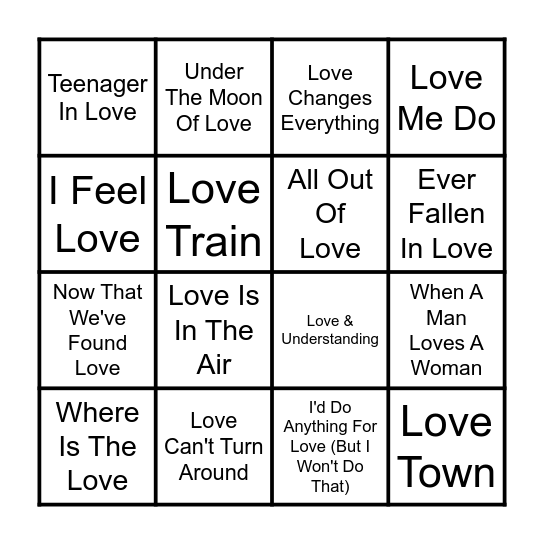 It's A Love Thing Bingo Card
