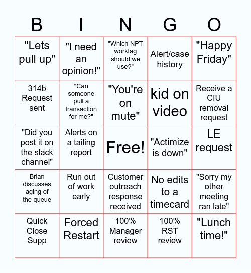 AML Lingo Bingo Card