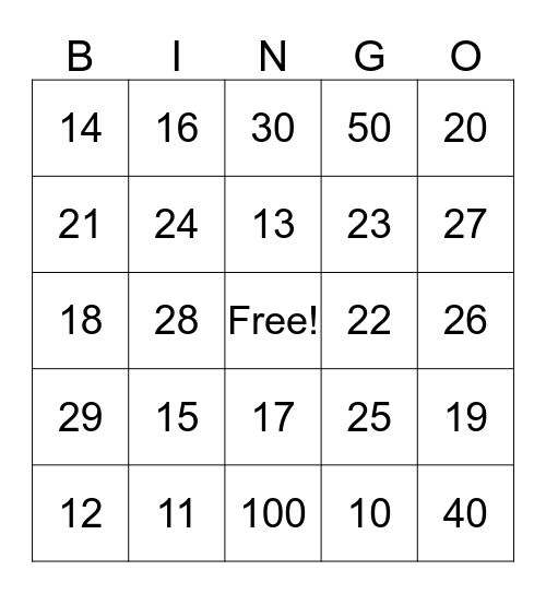 numbers Bingo Card