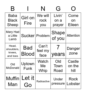 Mega V Music Bingo Card