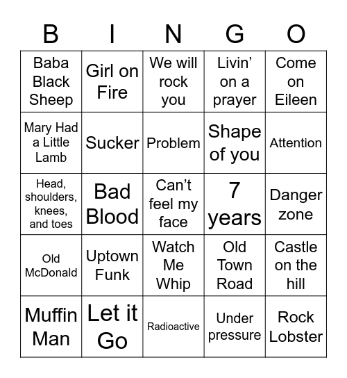 Mega V Music Bingo Card