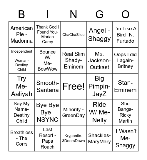 2000’s Music Bingo Card