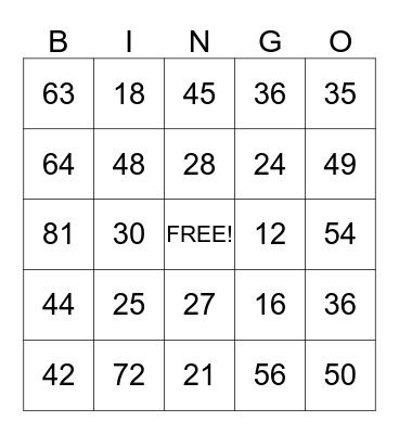 Multiplication Bingo Card
