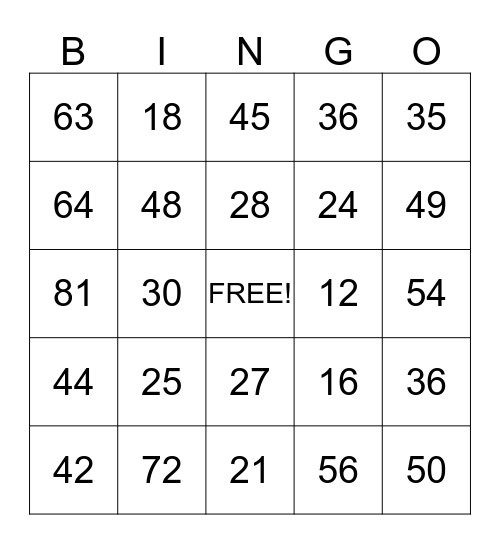 Multiplication Bingo Card