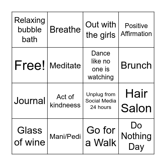 Self-Care Bingo Card