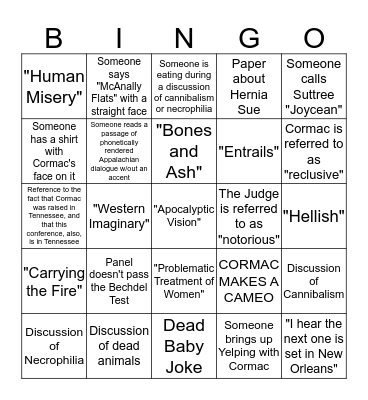 Cormac McCarthy Society Annual Conference Bingo Card