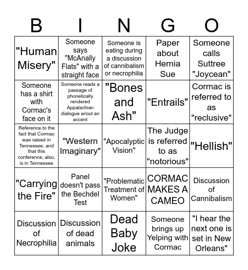 Cormac McCarthy Society Annual Conference Bingo Card