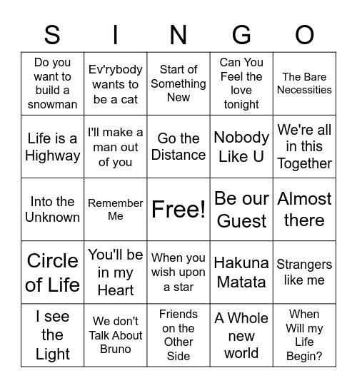 Disney Bingo Card