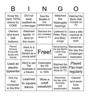BOOMERS IN 60s, 70s, and 80s Bingo Card